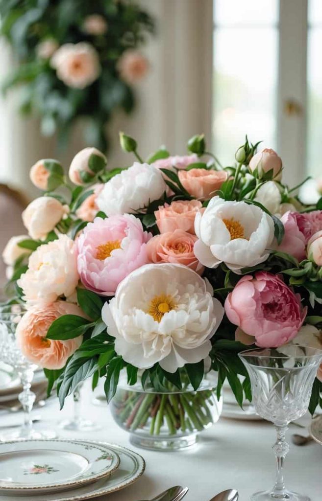 A glass vase holds a bouquet of pink, white, and peach peonies and roses, placed on an elegantly set dining table with fine china and silverware.