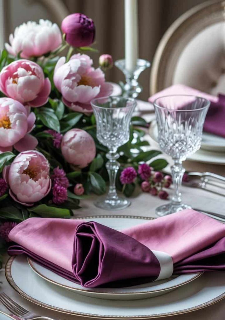 Elegant table setting with pink peonies, crystal glassware, silver cutlery, and a white plate topped with a neatly rolled mauve napkin secured by a white ring.