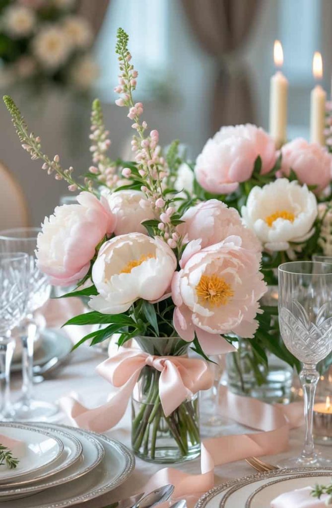 A floral centerpiece with pale pink and white peonies in a glass vase with a pink ribbon, set on an elegant dining table with candles, plates, and crystal glasses.