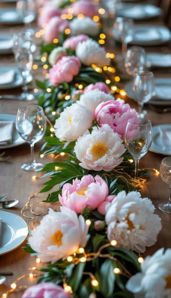 A long wooden table set for a meal, decorated with pink and white peonies and string lights as a centerpiece, with plates, glasses, and napkins arranged neatly.