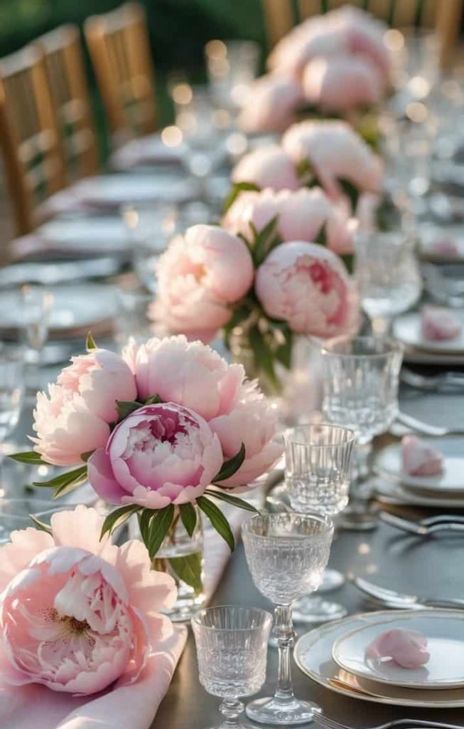 A long dining table set with white plates, silver cutlery, crystal glasses, and pink peony floral centerpieces.