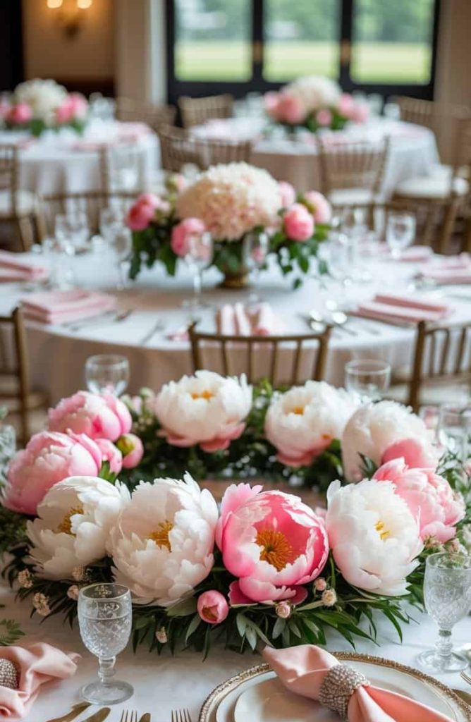 Round tables set for an event, decorated with pink and white peony floral centerpieces, gold cutlery, glassware, and blush napkins in an elegant, bright room.