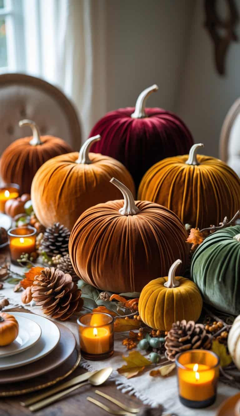 A wooden table decorated with velvet pumpkins in various autumn colors, surrounded by dried leaves, pine cones, small gourds, and candles.