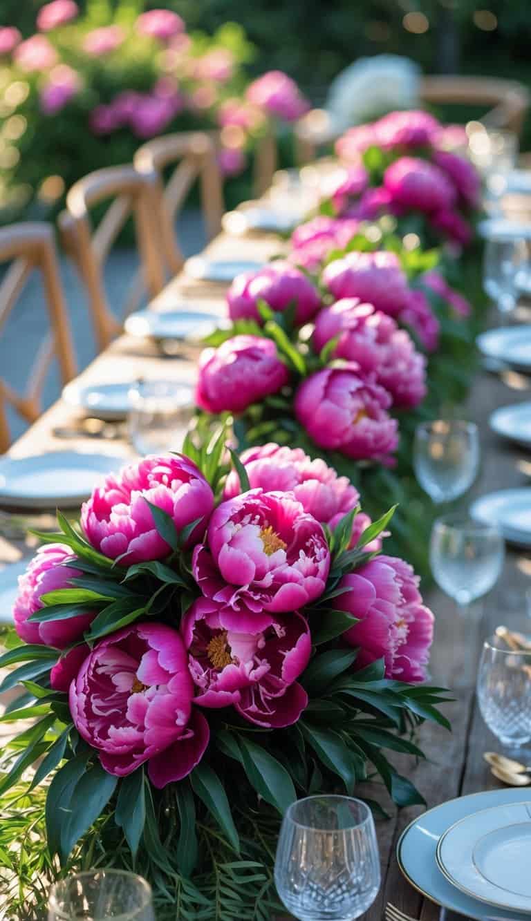 A long outdoor table decorated with bold fuchsia peony flower clusters and table settings for a summer event.
