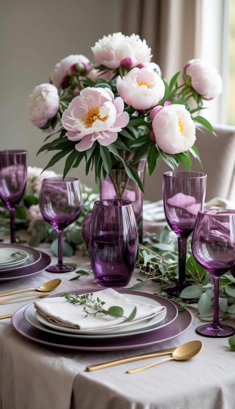 A dining table set with pink peony flowers and plum-colored glassware arranged as a centerpiece.