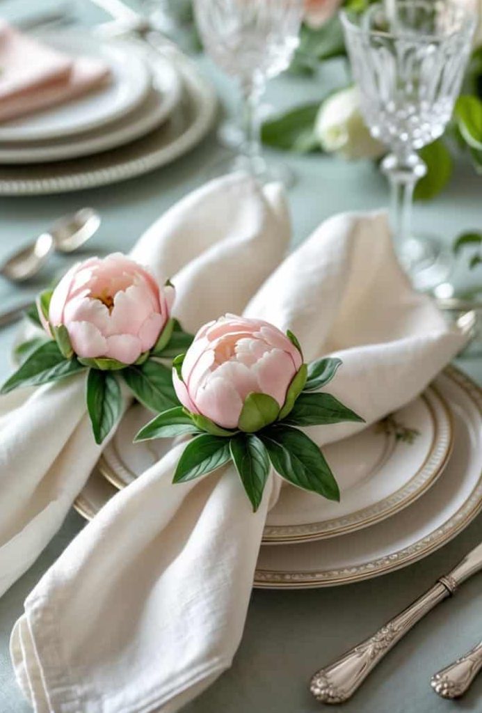 A formal table setting with white napkins held by pink peony napkin rings, crystal glasses, and pink flowers as a centerpiece on a light blue tablecloth.