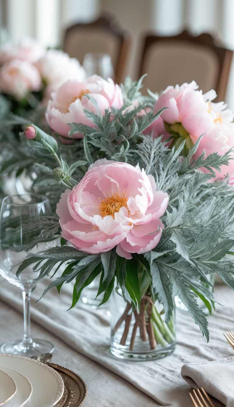 A dining table with a centerpiece of pink peonies and silvery dusty miller leaves in clear glass vases.