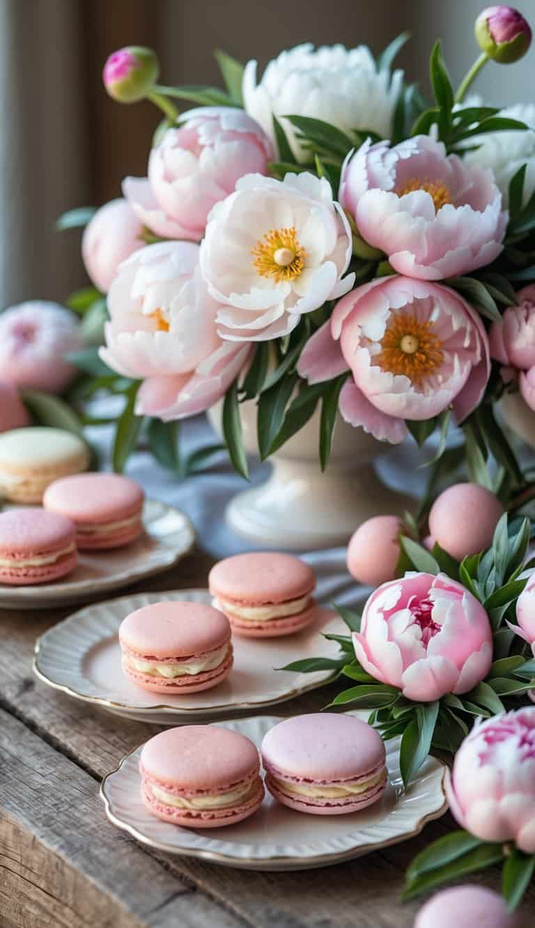 A table with pink and white peony flowers and blush-colored macarons arranged on plates.