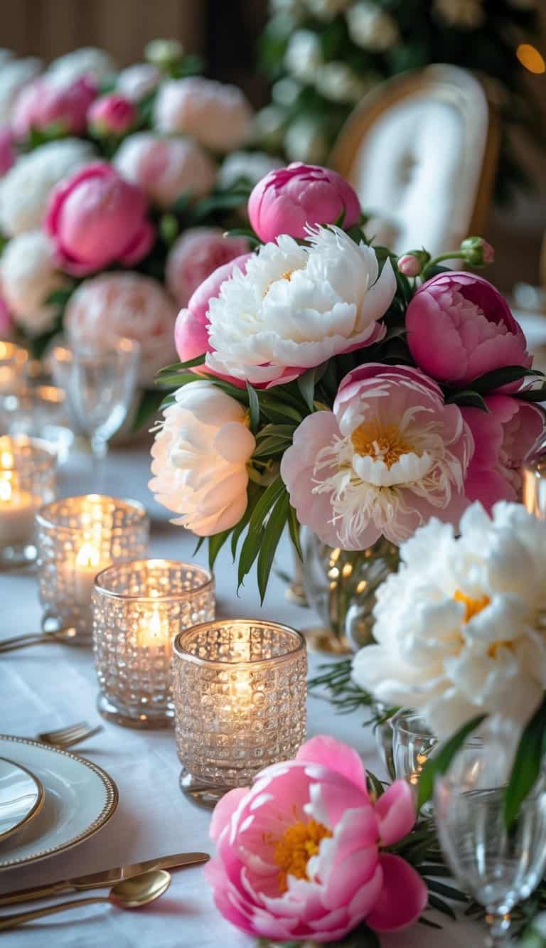 A table decorated with pink and white peonies and crystal votive candle holders with lit candles.
