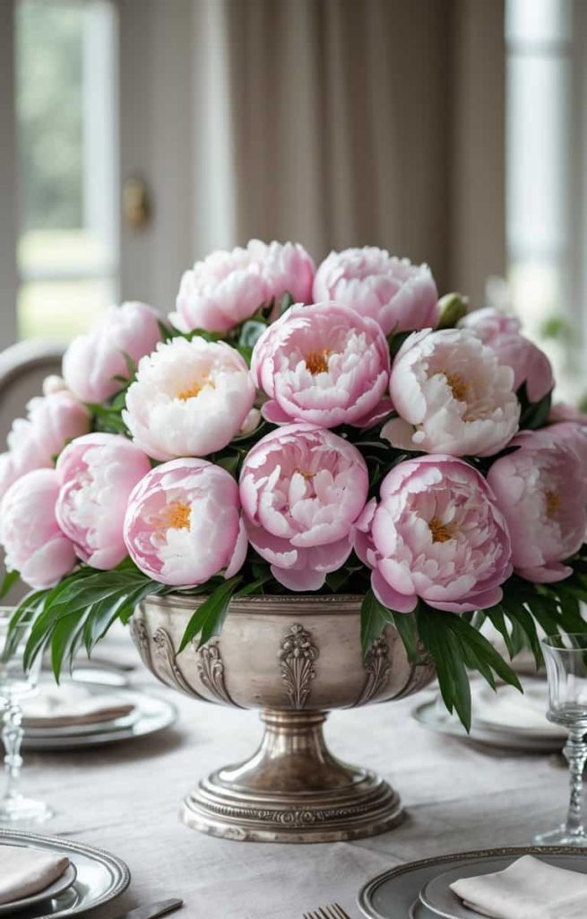 A silver bowl filled with pink and white peonies is displayed as a centerpiece on an elegantly set dining table.
