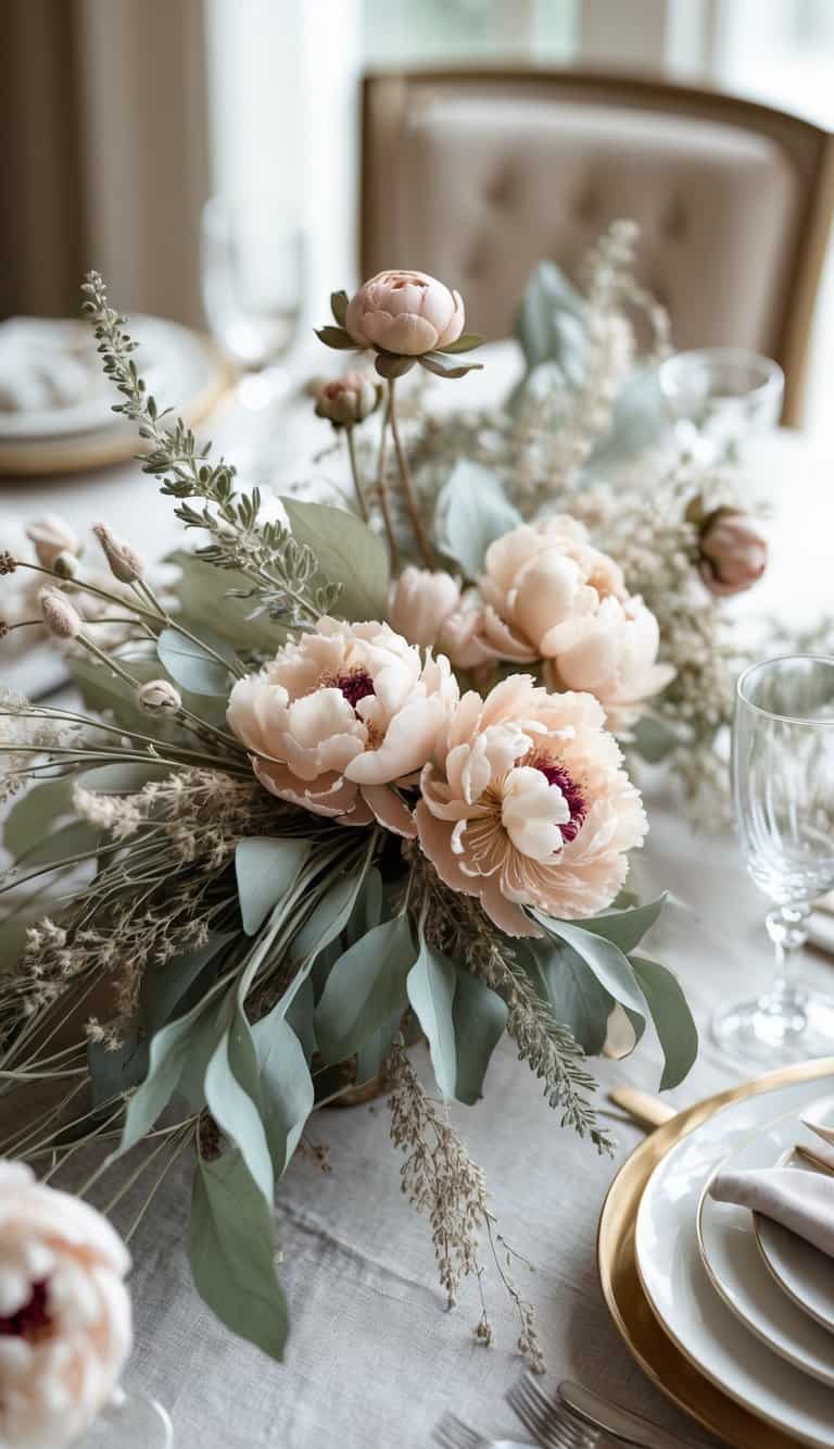 A table set with dried peony flowers and sage green foliage arranged as a centerpiece, surrounded by plates, glasses, and neutral linens.