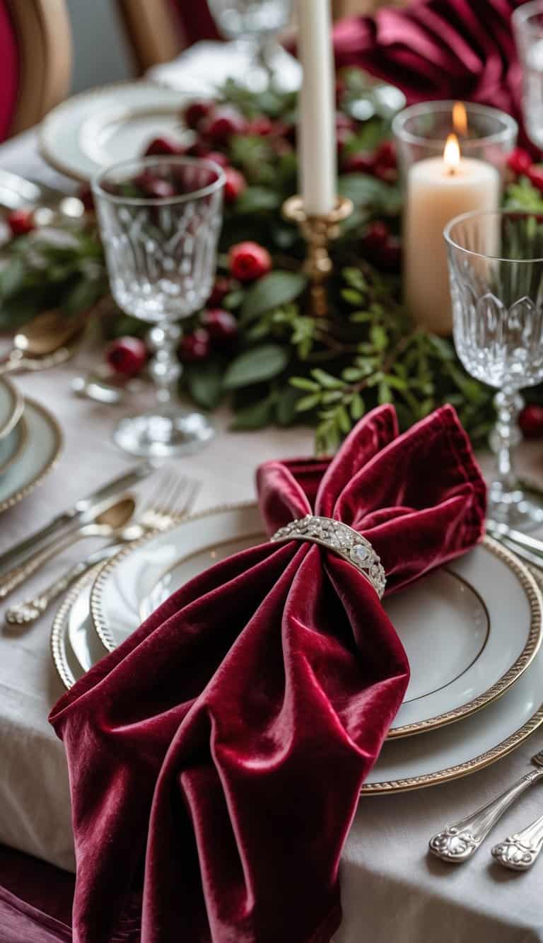 A table set with cranberry red velvet napkins, fine china, silverware, glassware, and candles arranged for a formal meal.