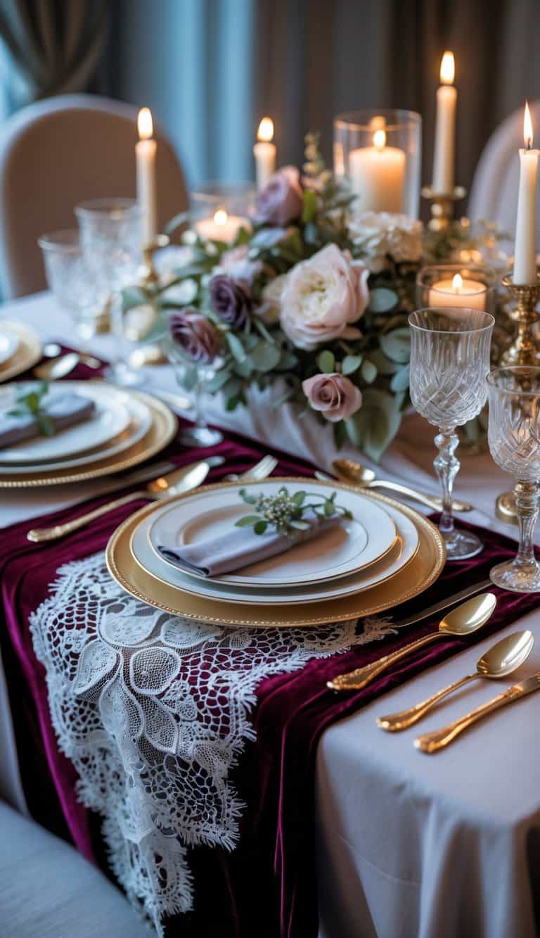 A table set with a velvet runner topped by a lace overlay, surrounded by plates, glasses, flowers, and candles.