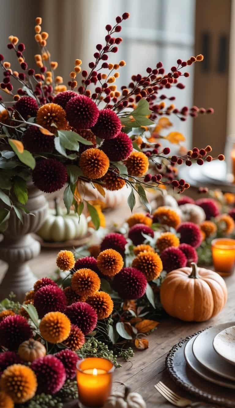 A table decorated with velvet berries in autumn colors arranged with seasonal foliage and pumpkins.