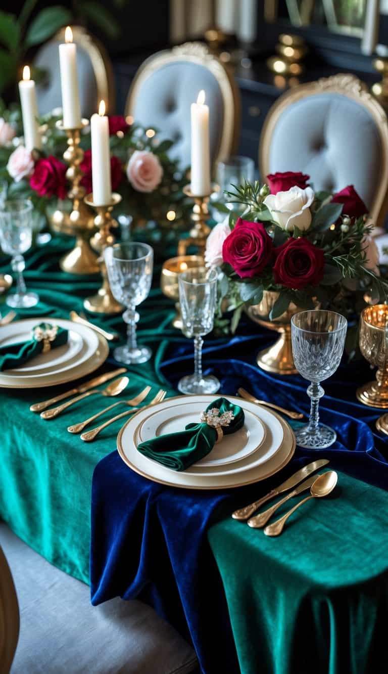 A beautifully arranged dining table with velvet tablecloths, elegant place settings, candles, and floral decorations.