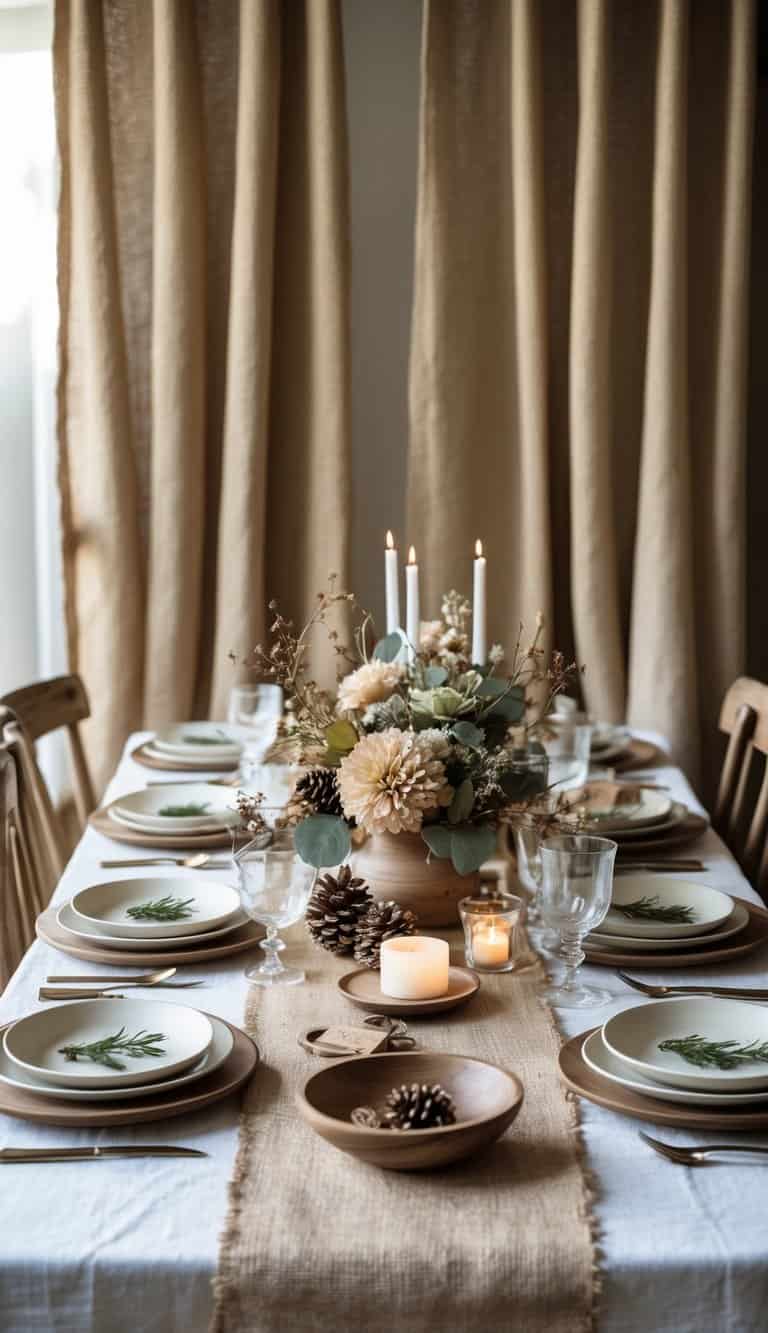 A rustic table set with wooden plates, glassware, candles, and seasonal flowers in front of burlap curtains.