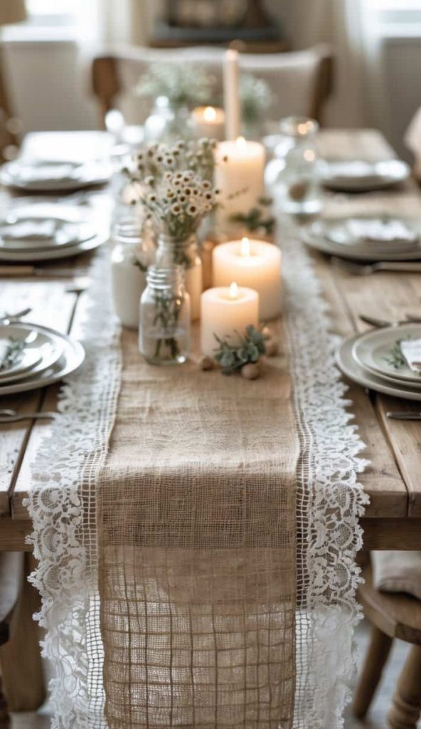 A rustic wooden dining table is set with plates, cloth napkins, and glassware. The centerpiece features candles, flowers, and a lace table runner over burlap.