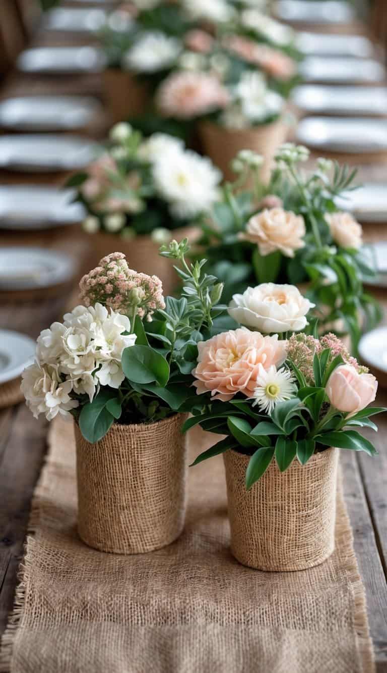 A wooden table with burlap-wrapped flower pots arranged as centerpieces, featuring fresh flowers and greenery.