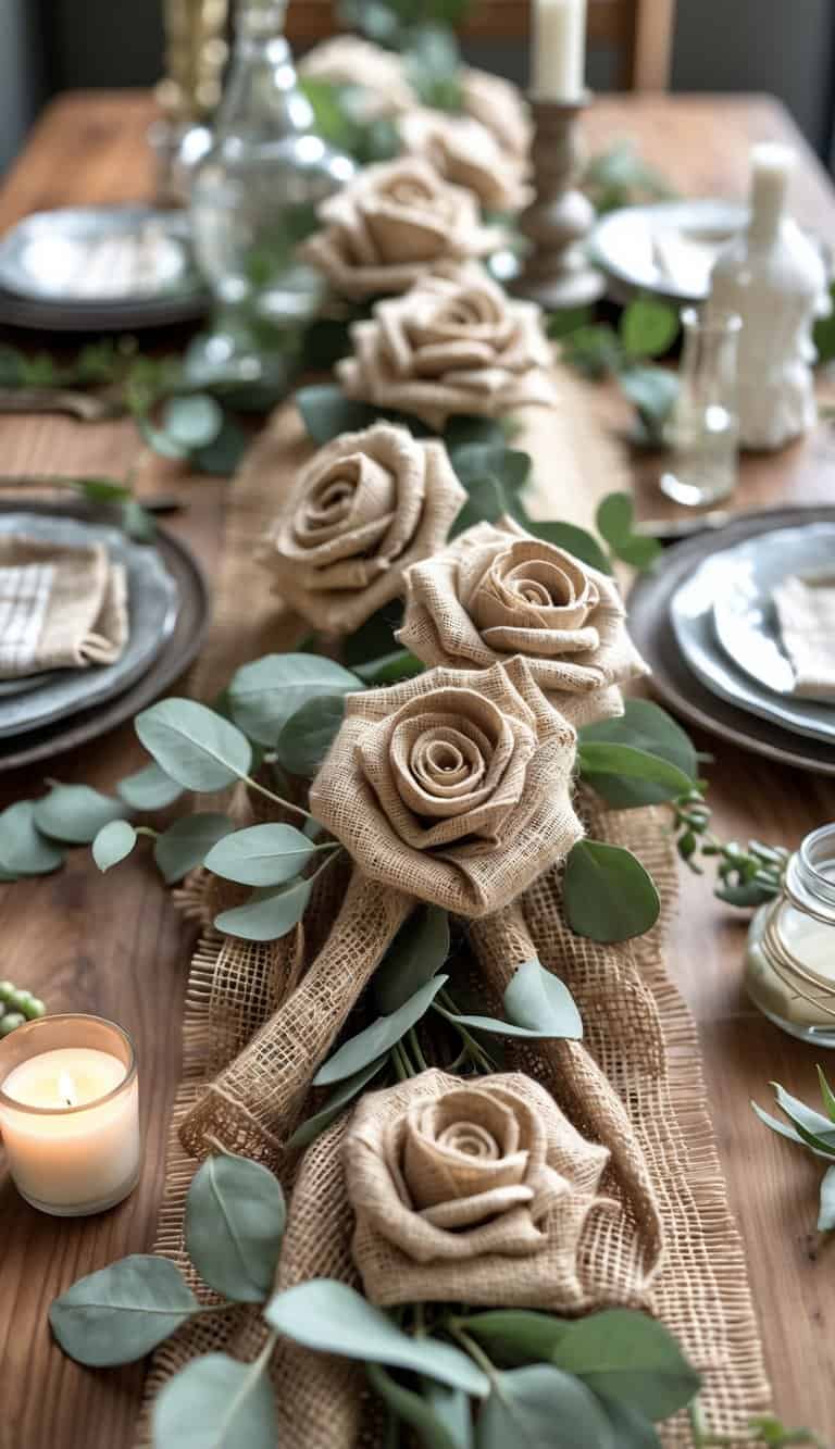 A rustic table centerpiece with burlap fabric and burlap roses arranged with candles and greenery on a wooden table.