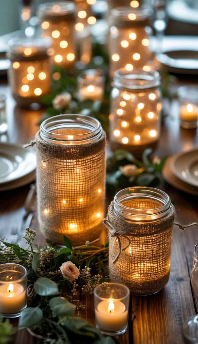 A wooden table decorated with burlap-wrapped jars filled with glowing fairy lights, surrounded by greenery and candles.