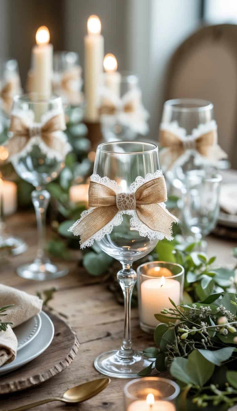A table setting with glassware stems decorated with burlap and lace bows surrounded by greenery and candles.