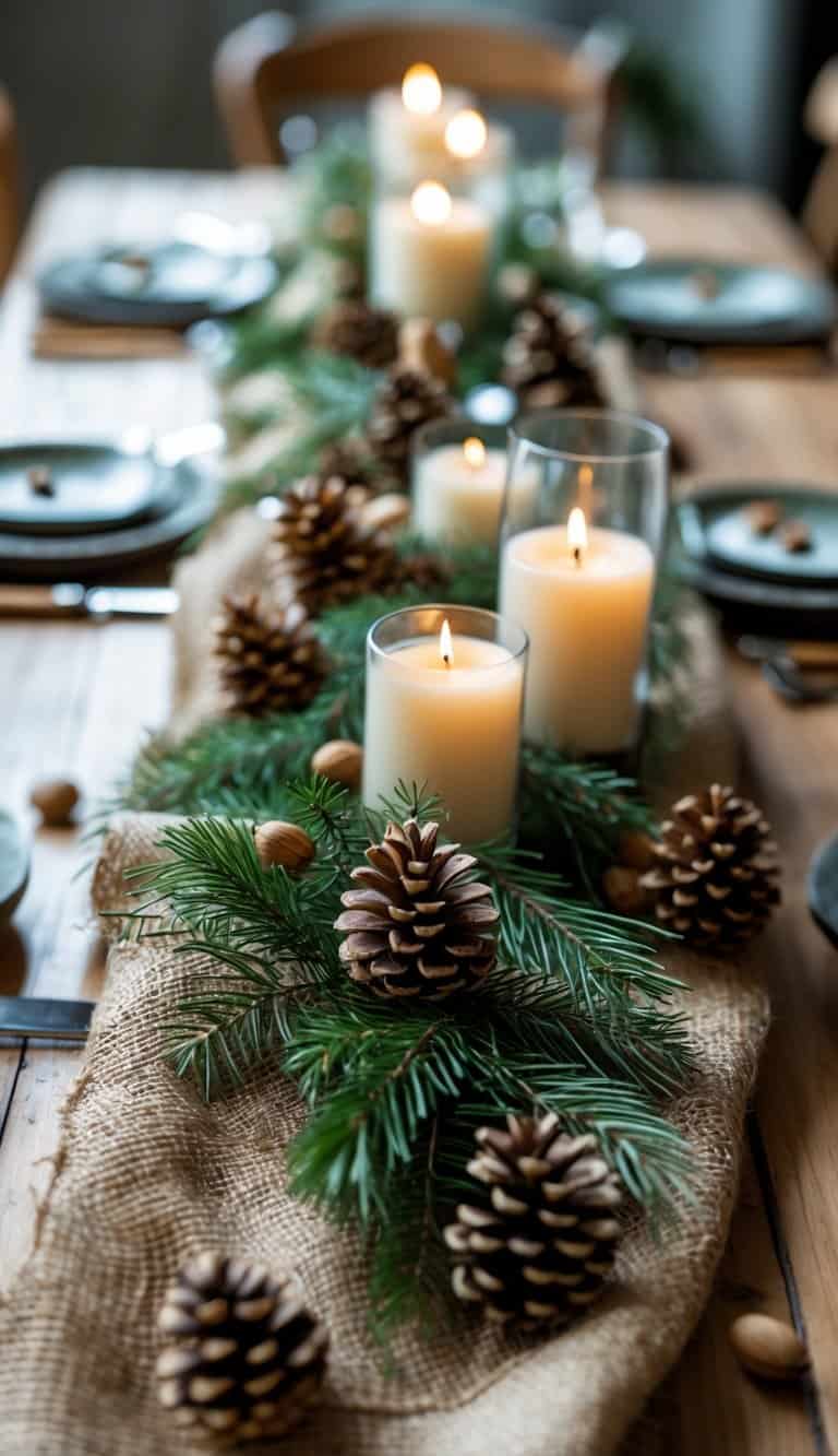 A table decorated with a burlap runner, pine branches, pinecones, candles, and wooden accents arranged as a centerpiece.