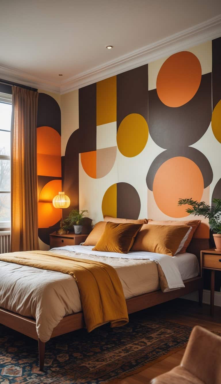 A bedroom with a bed, wooden furniture, and colorful geometric patterned wallpaper on the wall.