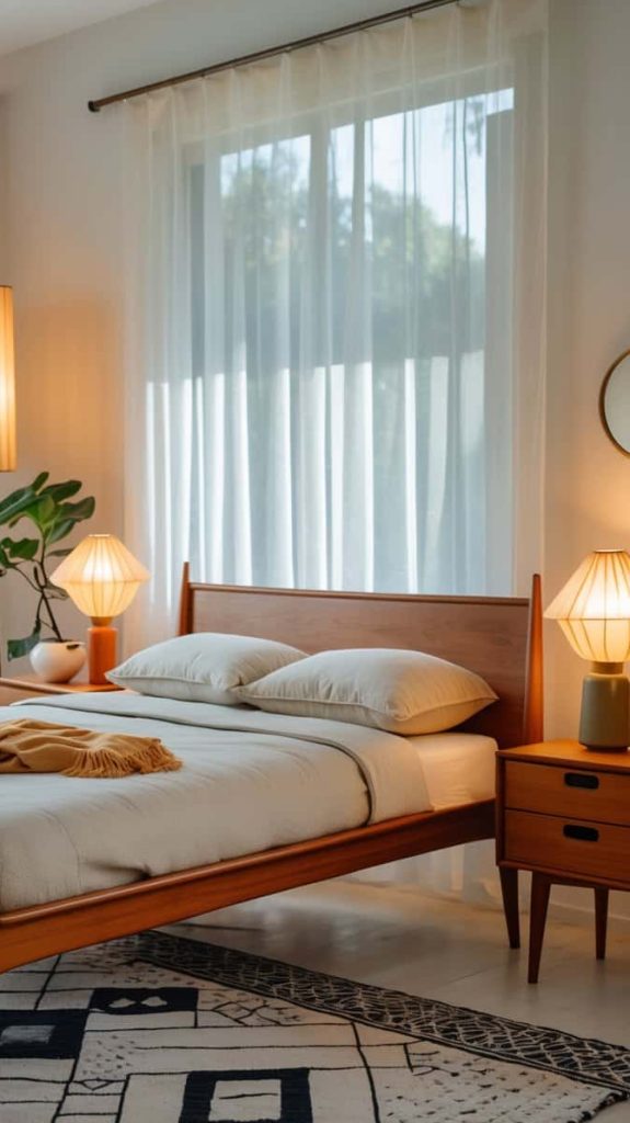 A modern bedroom with a wooden bed, two bedside tables with lamps, a floor lamp, a potted plant, and a window with sheer curtains letting in natural light.