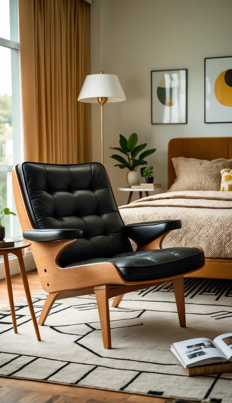 A cozy bedroom with a lounge chair, bed, floor lamp, and decorative plants near a window with natural light.
