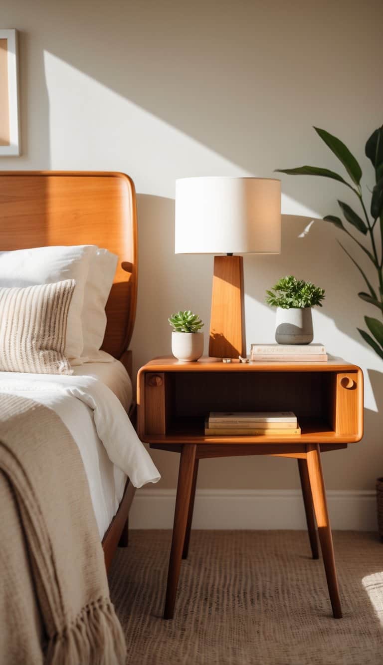 A teak side table with tapered legs next to a bed in a warmly lit bedroom with a lamp, plant, and books on the table.