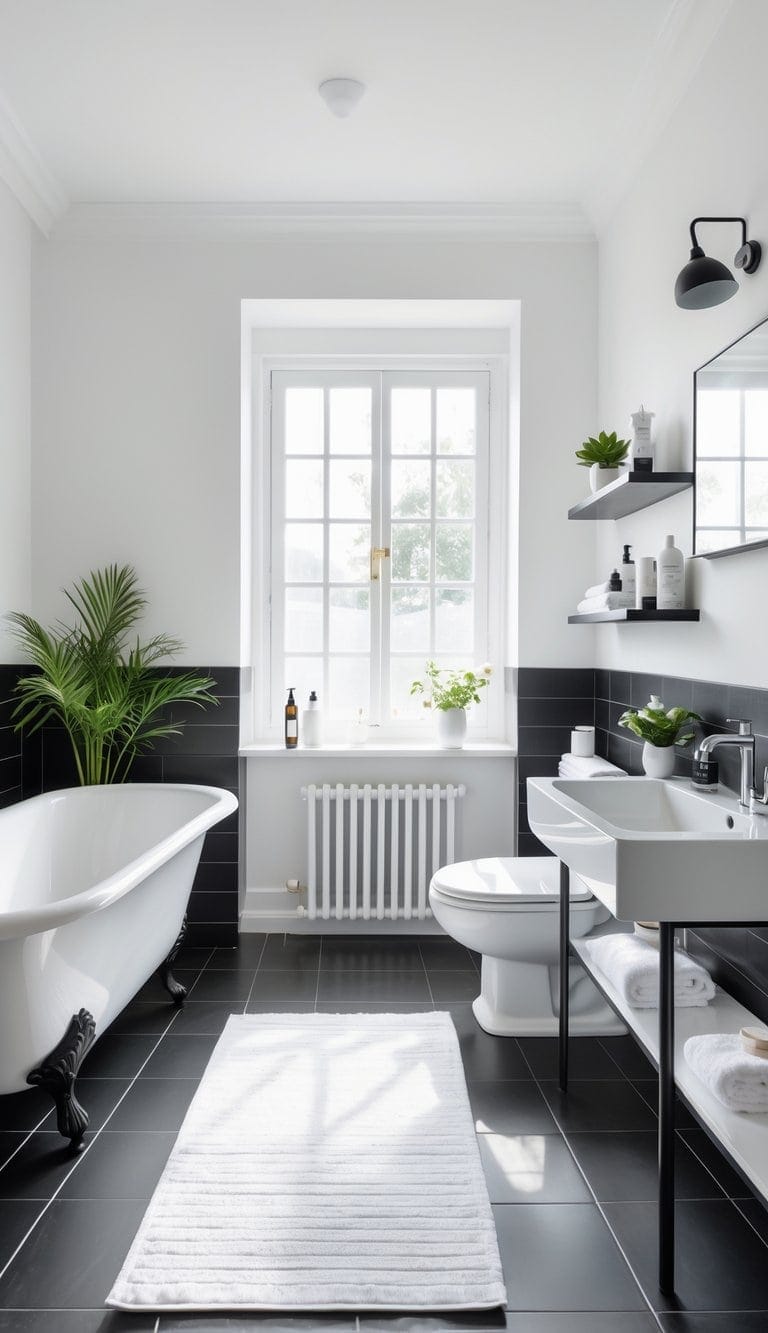 A bright and spacious bathroom with a white freestanding clawfoot bathtub, a toilet, and a sink, all evenly spaced with shelves holding hygiene items.