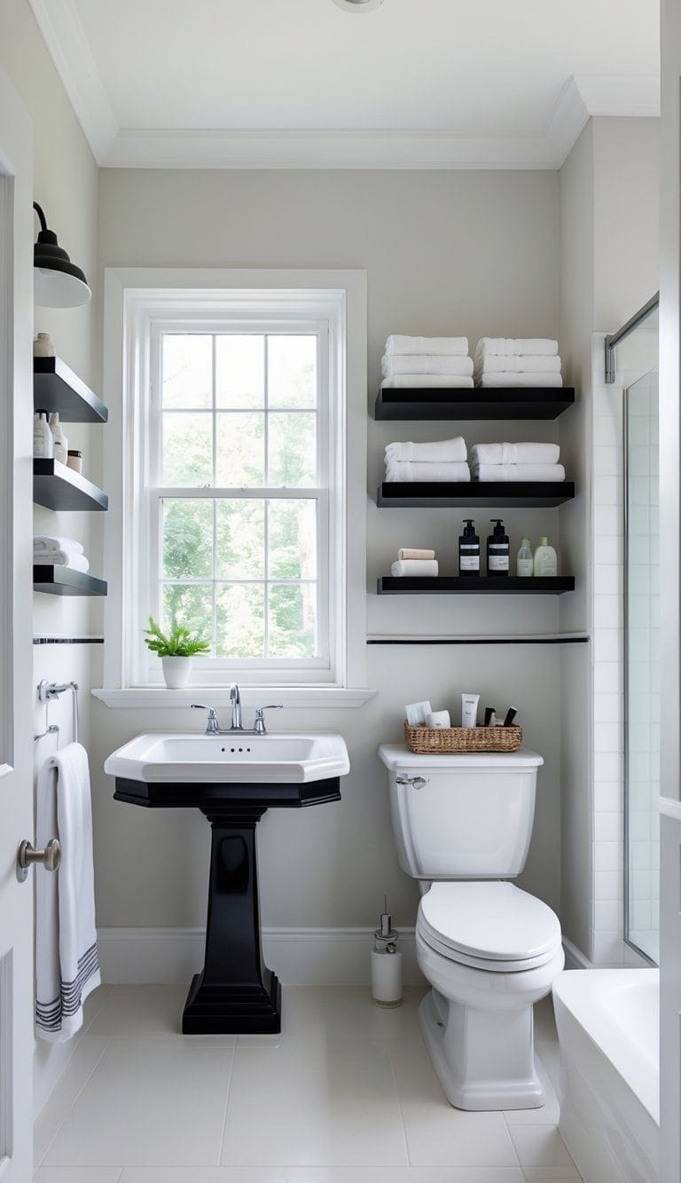A spacious bathroom with a white ceramic sink on a black pedestal, a toilet, and a bathtub, all evenly spaced and illuminated by natural light, with shelves holding hygiene essentials.