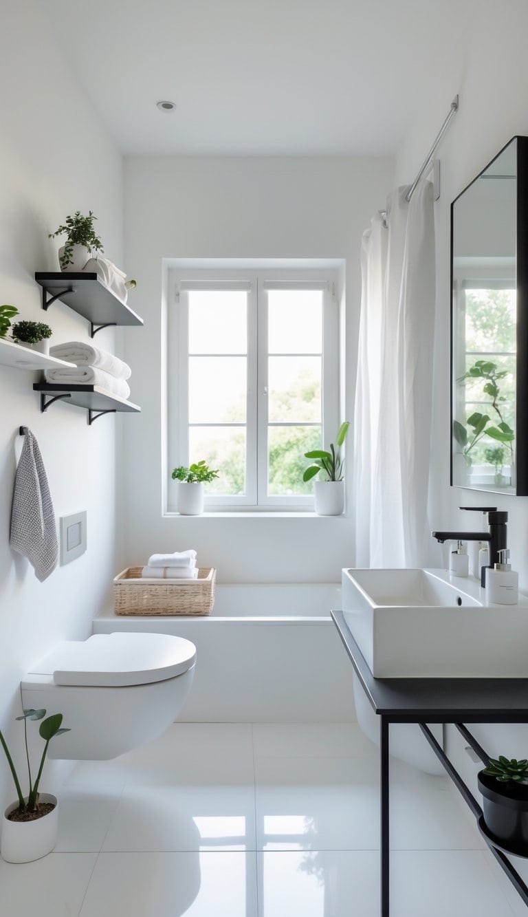 A bright and clean bathroom with a toilet, bathtub or shower, sink, and a wall-mounted shelf holding hygiene items, all spaced evenly with natural light coming through a window.