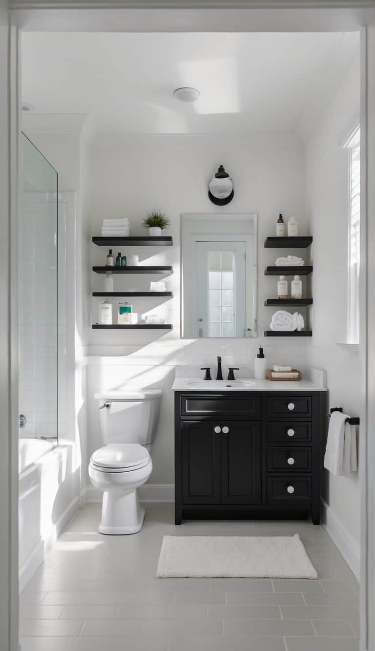 A well-lit bathroom with a black vanity, white countertop, toilet, bathtub, and shelves with hygiene essentials, all spaced evenly and arranged neatly.