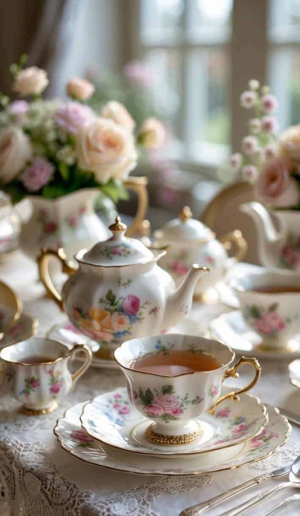 A table set for tea with floral-patterned china teapot, cups, saucers, and plates, alongside silver cutlery and vases of roses on a lace tablecloth by a window.