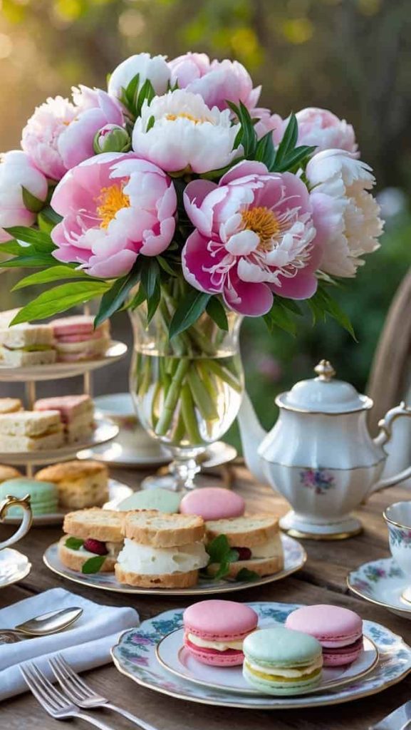 A table set for afternoon tea with assorted pastries, macarons, a teapot, teacups, and a vase of pink and white peonies in natural light.