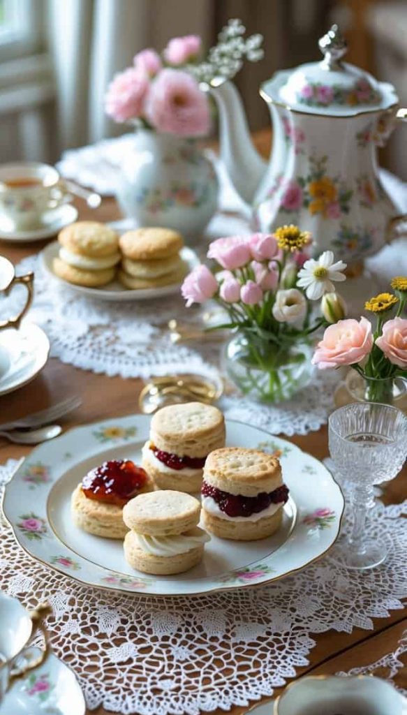 A table set for tea with floral china, teacups, teapot, plates of scones with cream and jam, and small vases of fresh flowers on lace doilies.