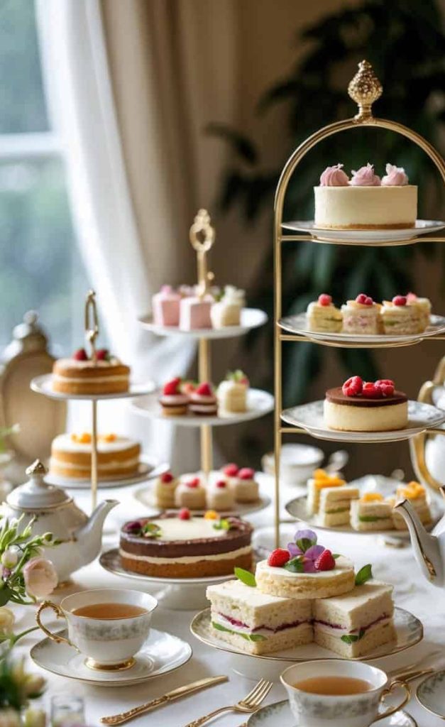 A formal tea table set with teacups, teapots, plates, and a variety of layered cakes, pastries, and desserts on tiered stands in a bright, elegant room.