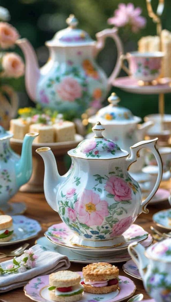 A table set for tea with floral porcelain teapots, cups, plates, small sandwiches, sweets, and a vase of flowers in an outdoor setting.