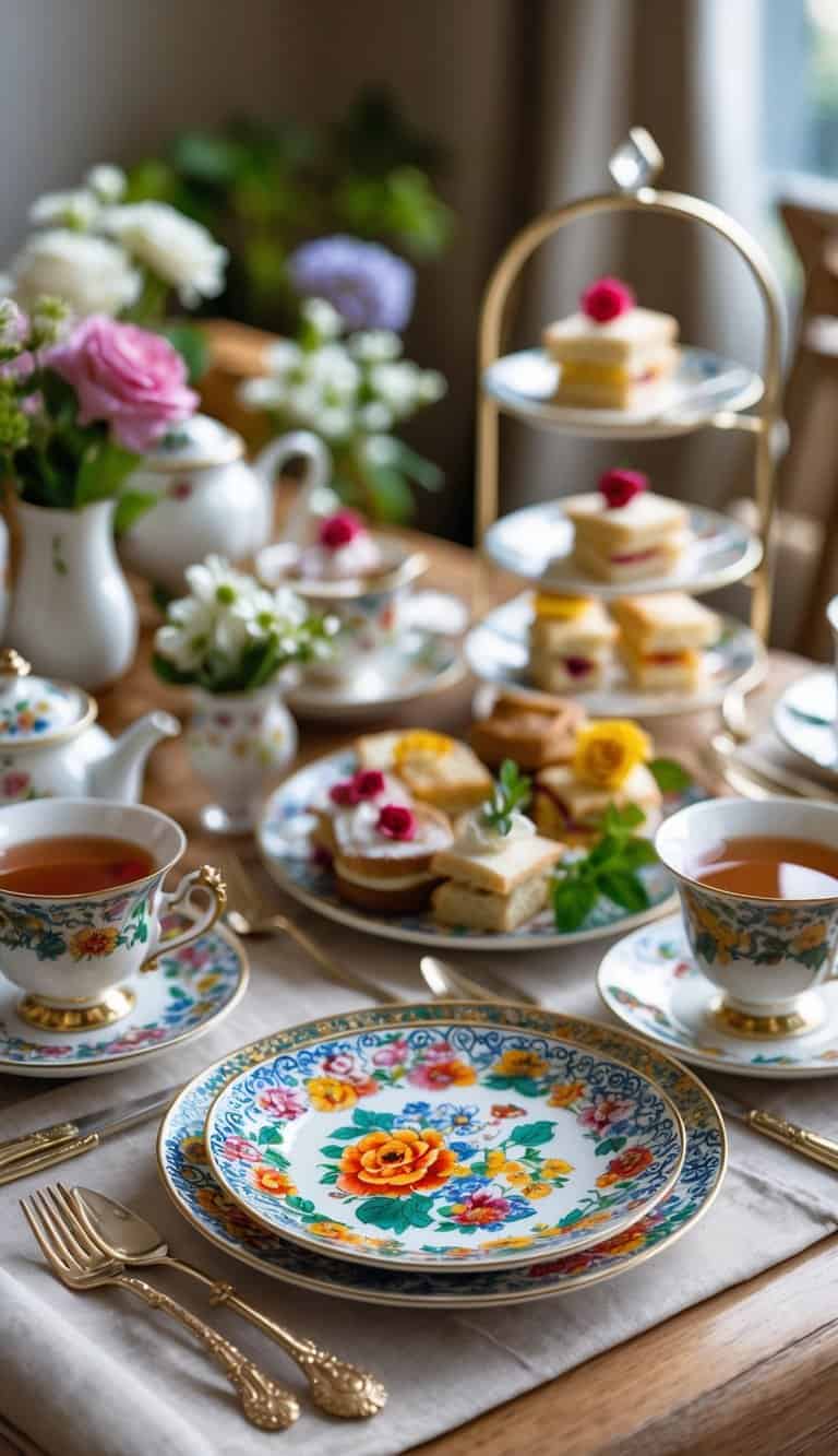 A wooden table set for afternoon tea with hand-painted ceramic plates, teacups, pastries, sandwiches, and fresh flowers.