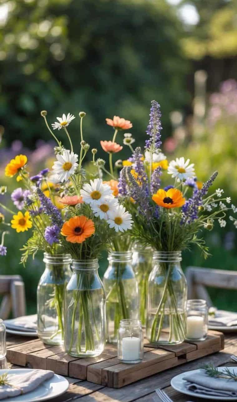Mason jars filled with colorful wildflowers and candles are arranged on a wooden outdoor table set for a meal.