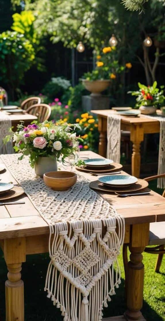 A wooden outdoor table is set for a meal with ceramic plates, a macrame table runner, and a floral centerpiece, surrounded by greenery and more decorated tables.