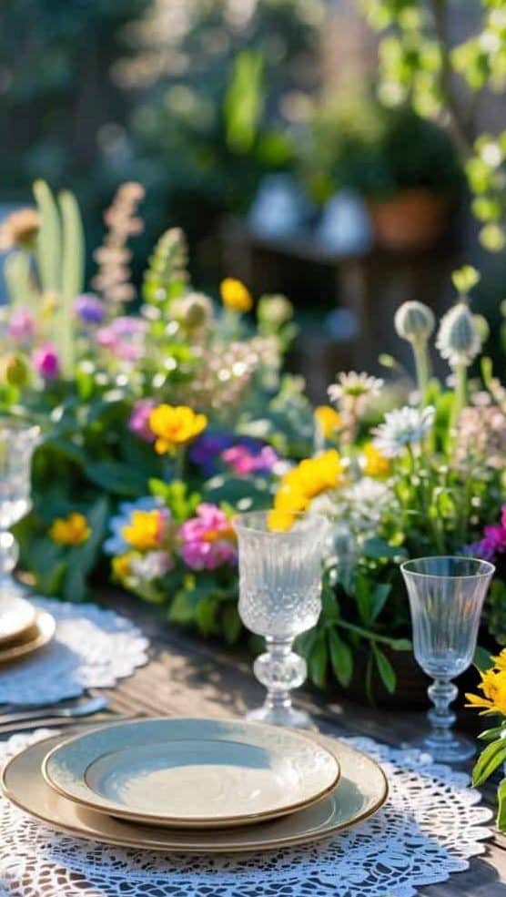 A rustic wooden table set with plates, glasses, and cutlery sits outdoors, decorated with lace placemats and colorful flowers.