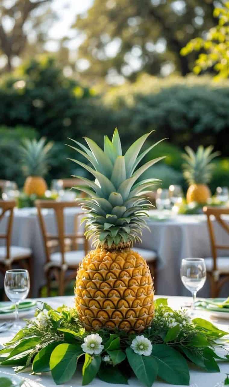 A pineapple centerpiece with greenery and white flowers decorates a round outdoor dining table set with glasses and plates.