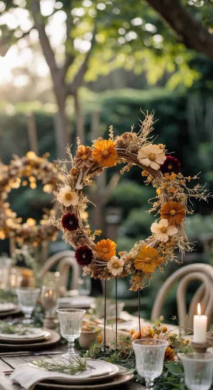 A rustic outdoor table setting with floral wreath centerpieces, candles, glassware, and plates, surrounded by greenery in soft evening light.