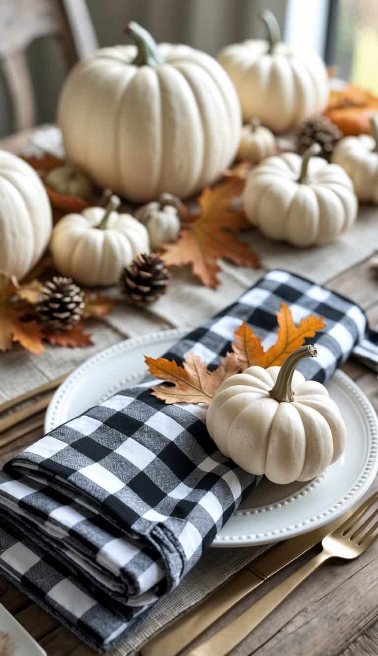 A fall table setting with black and white gingham napkins and neutral-colored pumpkins arranged on a wooden table with autumn decorations.