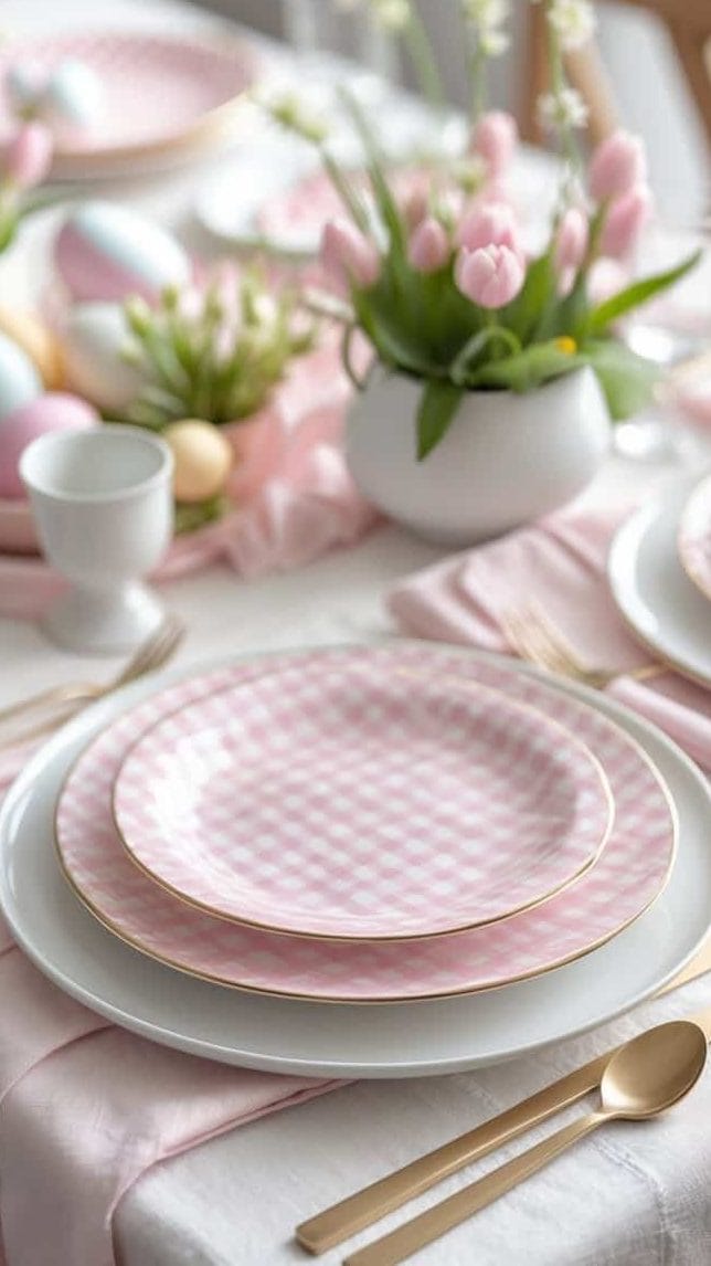 A dining table set with pink checkered plates, gold cutlery, pastel eggs, and a vase of pink tulips on a white tablecloth with pink accents.