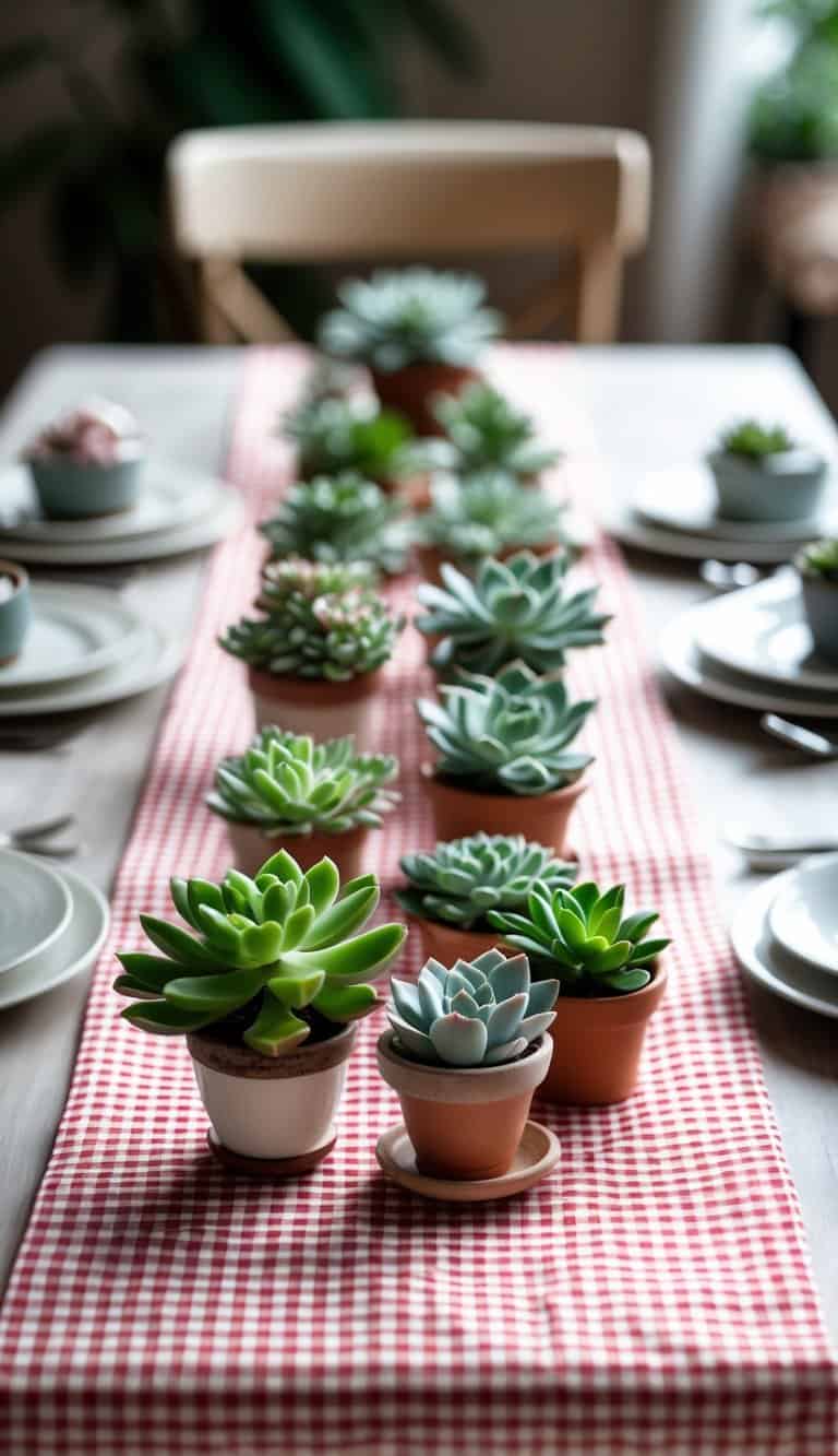 Dining table with a red and white gingham table runner and several small potted succulents arranged in the center.