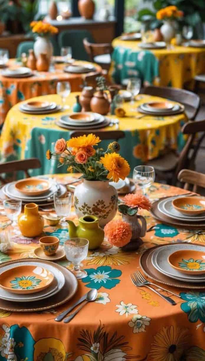 Round tables set for a meal with floral-patterned orange and yellow tablecloths, matching plates, glassware, and floral centerpieces in a bright, plant-filled room.