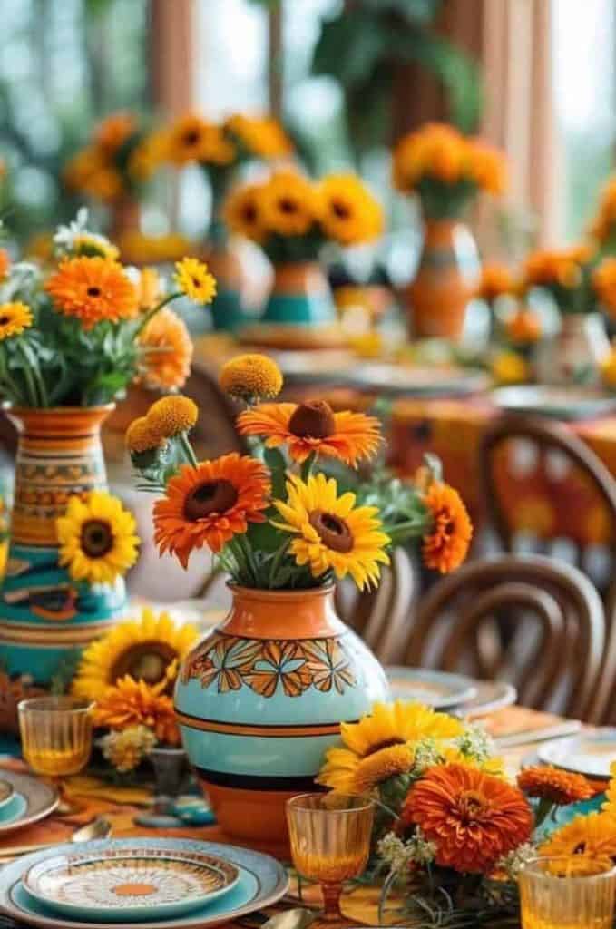 Decorative table setting with colorful plates, yellow and orange floral arrangements in patterned vases, and matching glassware on a patterned tablecloth.